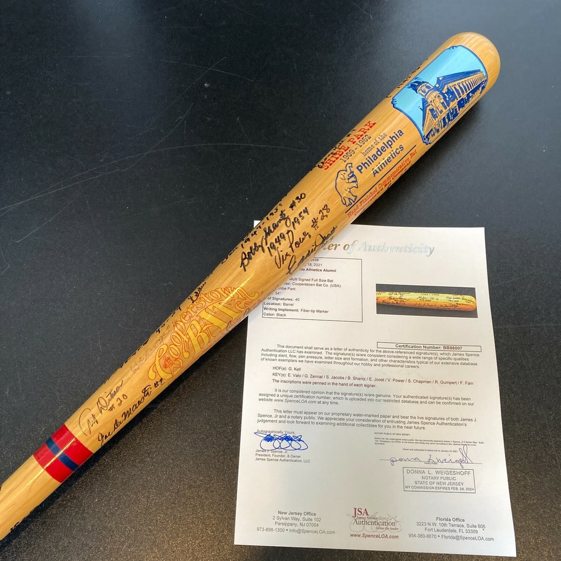 Rare Philadelphia Athletics Legends Bat 40 Signatures JSA COA 34 Inch: Rare Philadelphia Athletics Legends Bat 40 Signatures JSA COA 34 Inch Celebrate the rich history of the Philadelphia Athletics with this rare commemorative bat, featuring an impressive collection of 4
