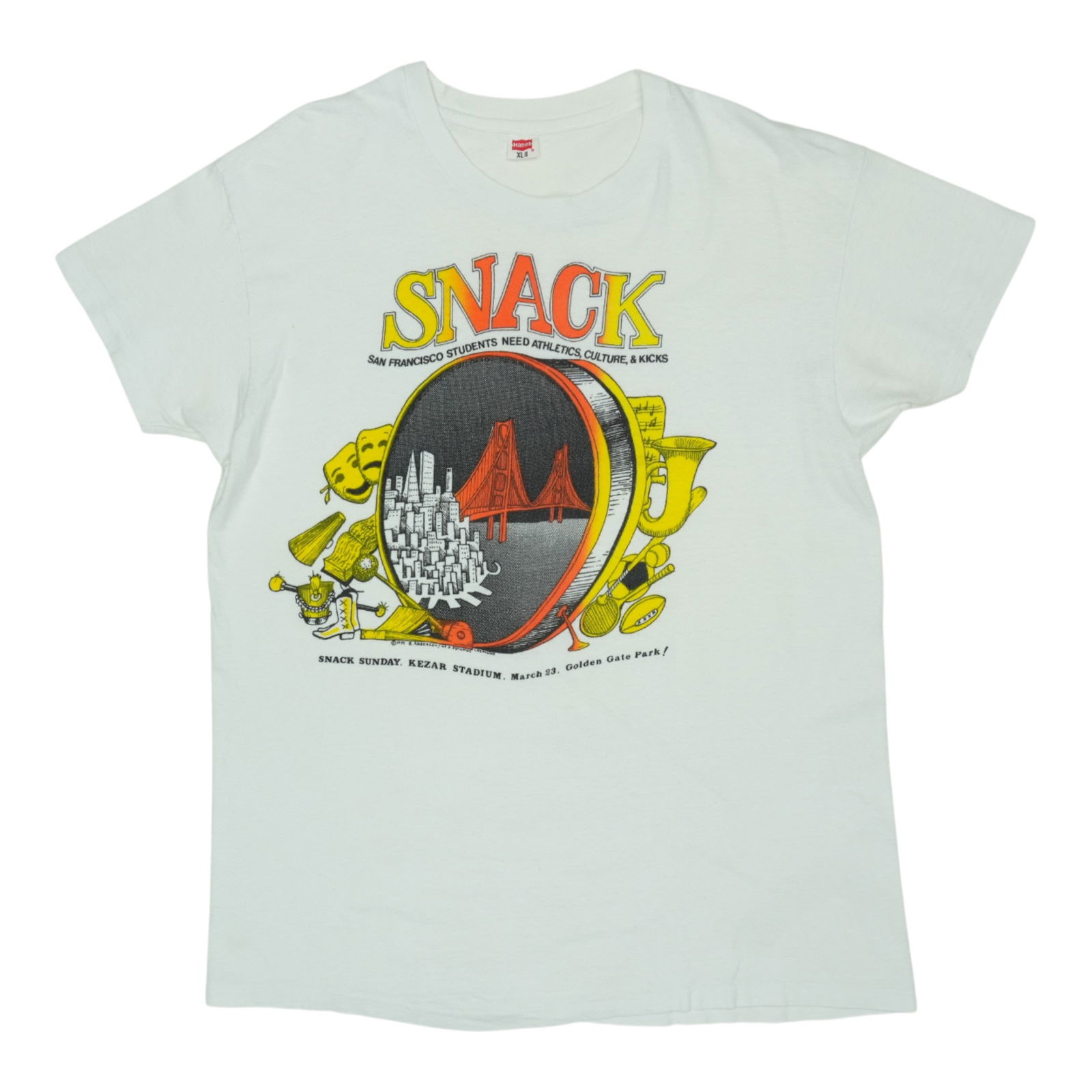 Vintage 1975 Snack Sunday Concert White Cotton T-Shirt: Vintage 1975 Snack Sunday Concert White Cotton T-Shirt This is an original vintage 1975 Snack Sunday Concert shirt, not a modern reproduction. The shirt is made from 100% cotton and features a white c