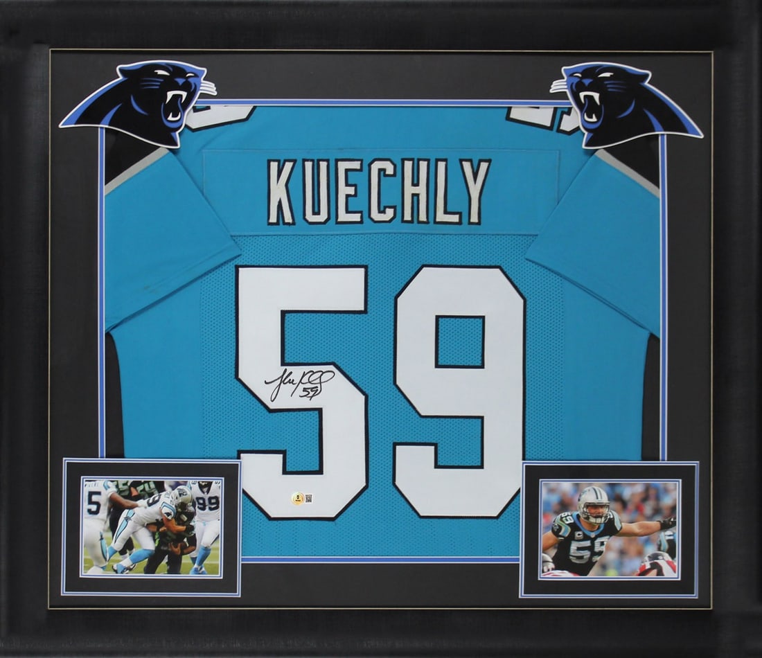 Luke Kuechly Signed Blue Pro Style Framed Jersey BAS Authenticated: Luke Kuechly Signed Blue Pro Style Framed Jersey BAS Authenticated This authentic blue pro style framed jersey has been personally signed by Luke Kuechly, the celebrated linebacker of the Carolina Pan
