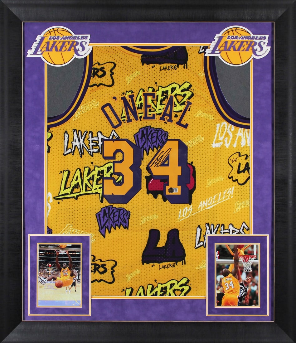 Shaquille O'Neal Signed Lakers Yellow Swingman Framed Jersey BAS Authenticated (1 of 2)
