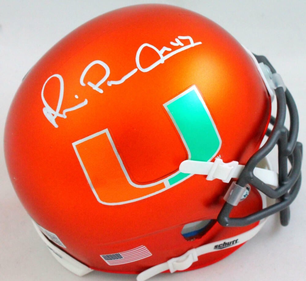 Michael Irvin Signed Miami Hurricanes Mini Helmet Beckett Certified: Michael Irvin Signed Miami Hurricanes Mini Helmet Beckett Certified This is a pre-owned mini helmet featuring the Miami Hurricanes colors and proudly signed by football legend Michael Irvin. The helme