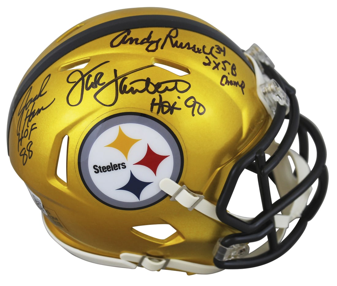 Pittsburgh Steelers Signed Flash Speed Mini Helmet Lambert Ham Russell BAS: Pittsburgh Steelers Signed Flash Speed Mini Helmet Lambert Ham Russell BAS This Pittsburgh Steelers Alternate Flash Speed Mini Helmet is a remarkable collectible, personally signed by three legendary