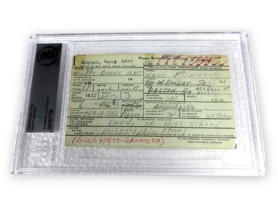 Harry Simpson Autographed Heilbroner Card Beckett Authenticated Indians: Harry Simpson Autographed Heilbroner Card Beckett Authenticated Indians This is an original Harry Simpson signed Heilbroner card, a significant piece in the history of Major League Baseball as Simpson