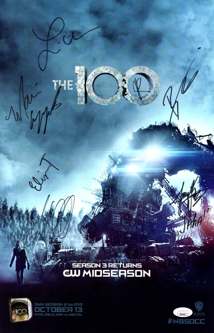 The 100 Cast Autographed 11X17 Poster JSA Authenticated: The 100 Cast Autographed 11X17 Poster JSA Authenticated This original 11x17 poster features autographs from the cast of the popular series The 100, including Eliza Taylor, Isiah Washington, and Lindse