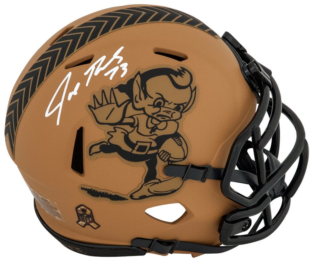 Joe Thomas Signed 2023 Cleveland Browns Mini Helmet with COA: Joe Thomas Signed 2023 Cleveland Browns Mini Helmet with COA This Cleveland Browns mini helmet is a must-have for any football fan, featuring the signature of Joe Thomas, a legendary player and first-