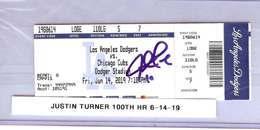 Justin Turner Signed Ticket Stub 100th HR Dodgers JSA Authenticated: Justin Turner Signed Ticket Stub 100th HR Dodgers JSA Authenticated This is an authentic ticket stub signed by Justin Turner, commemorating his 100th career home run on June 14, 2019. The ticket featu