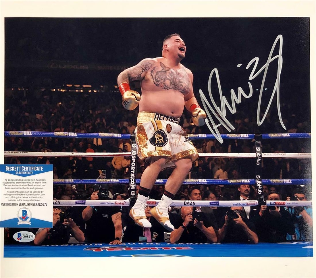Andy Ruiz Jr Signed 11x14 Photo vs Anthony Joshua Beckett Certified: Andy Ruiz Jr Signed 11x14 Photo vs Anthony Joshua Beckett Certified This is an original 11x14 photograph of Andy Ruiz Jr. signed during his iconic match against Anthony Joshua. The signature has been