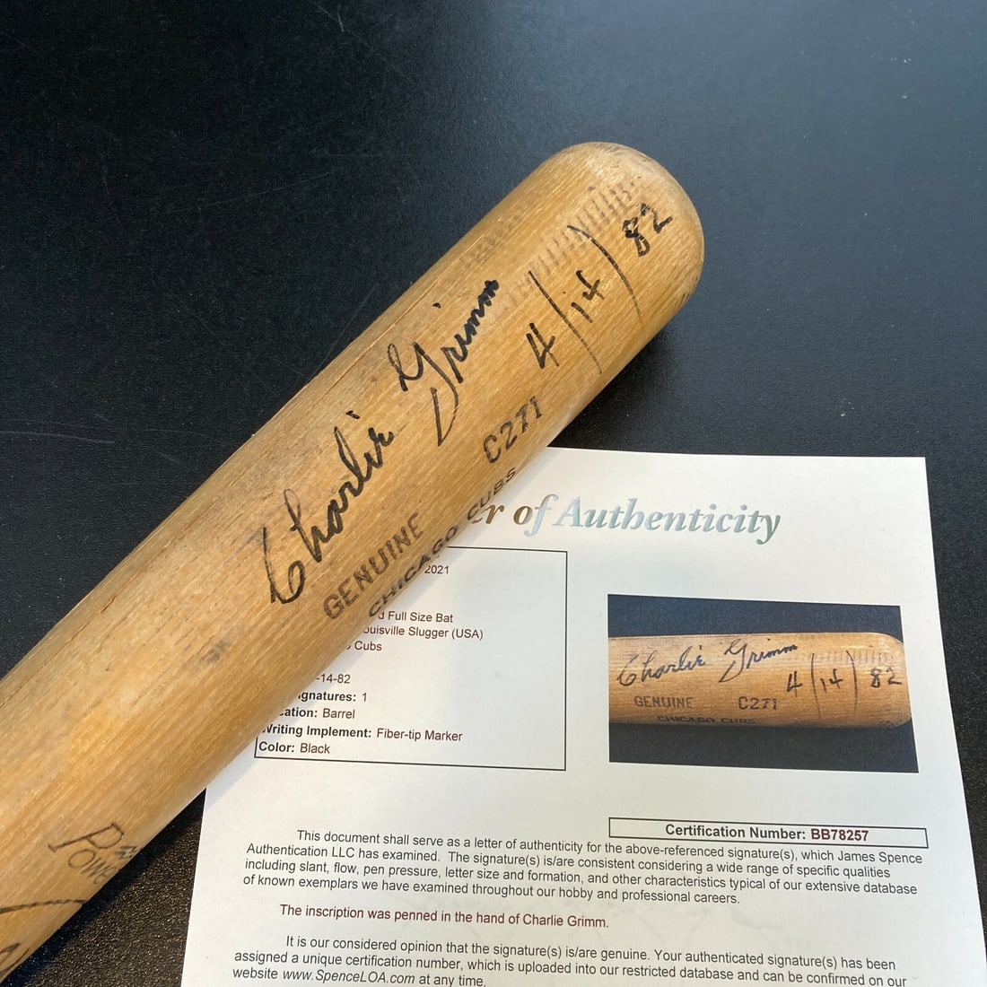 Charlie Grimm Signed Chicago Cubs Game Used Bat JSA Authenticated: Charlie Grimm Signed Chicago Cubs Game Used Bat JSA Authenticated Own a piece of baseball history with this Charlie Grimm single signed Chicago Cubs game used bat. This original bat, authenticated by