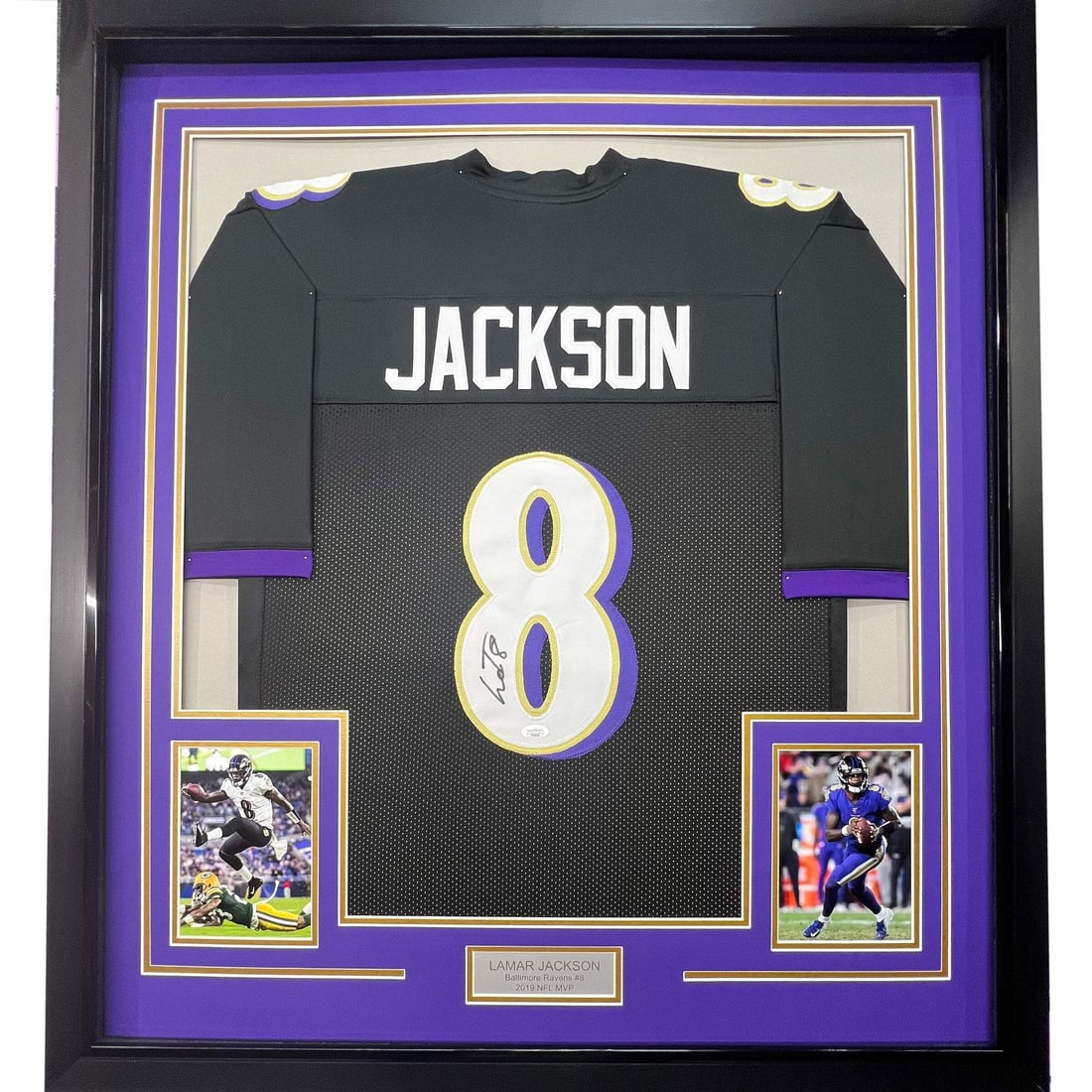 Framed Autographed Lamar Jackson Jersey 33x42 Baltimore Ravens JSA COA (1 of 2)