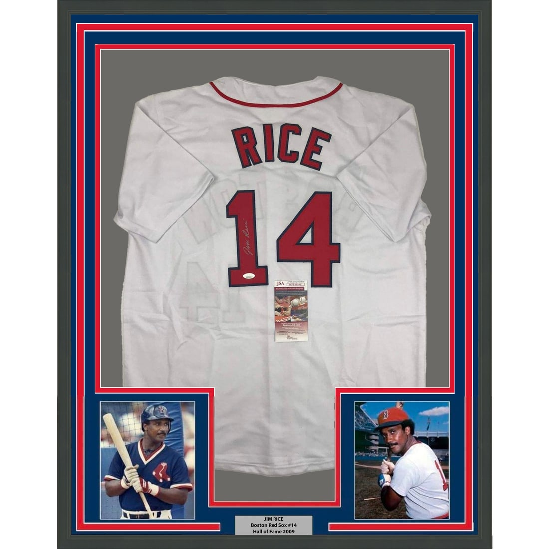 Framed Jim Rice Autographed Boston Red Sox Jersey with JSA COA: Framed Jim Rice Autographed Boston Red Sox Jersey with JSA COA This beautifully framed autographed jersey showcases the legendary Jim Rice of the Boston Red Sox. Measuring 33" x 42", it features his a