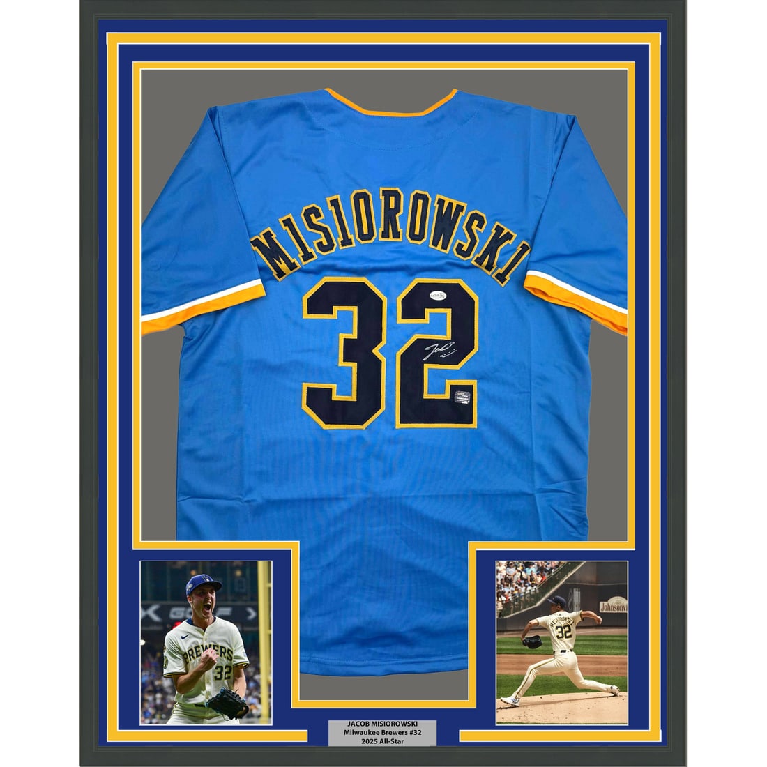 Jacob Misiorowski Signed Milwaukee Jersey in 35x39 Framed Display with COA: Jacob Misiorowski Signed Milwaukee Jersey in 35x39 Framed Display with COA This is a professionally framed and matted Milwaukee Brewers blue jersey, autographed by Jacob Misiorowski. The display inclu