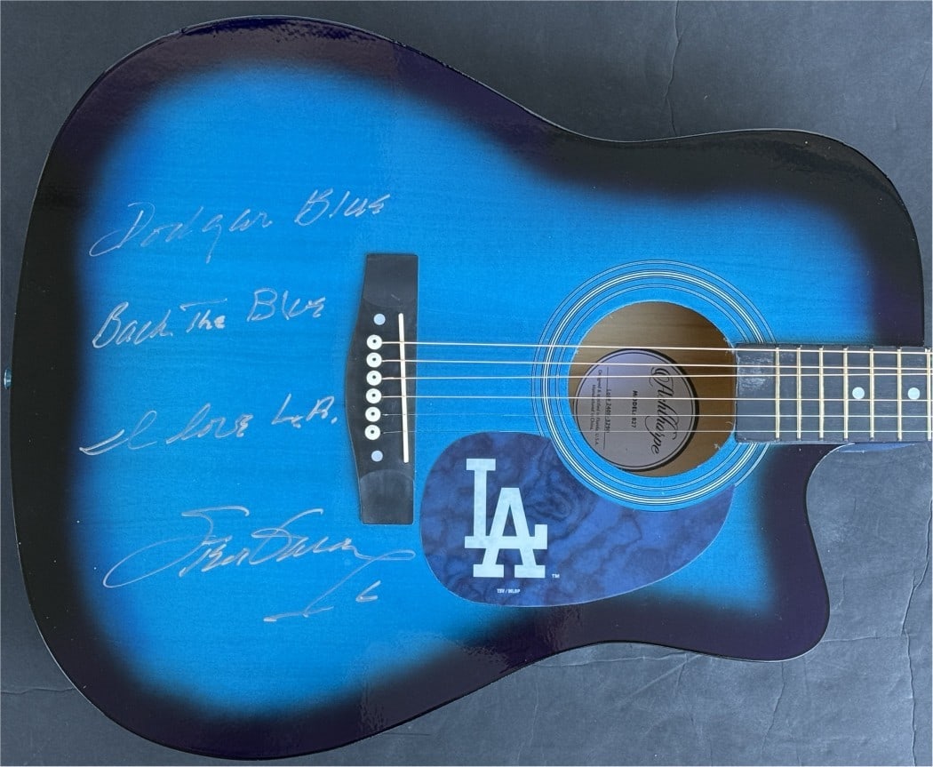 Steve Garvey Autographed Dodgers Guitar Back The Blue I Love LA JSA: Steve Garvey Autographed Dodgers Guitar Back The Blue I Love LA JSA This Steve Garvey signed guitar is a must-have for any Los Angeles Dodgers fan. Featuring a vibrant Dodgers blue design and the phra
