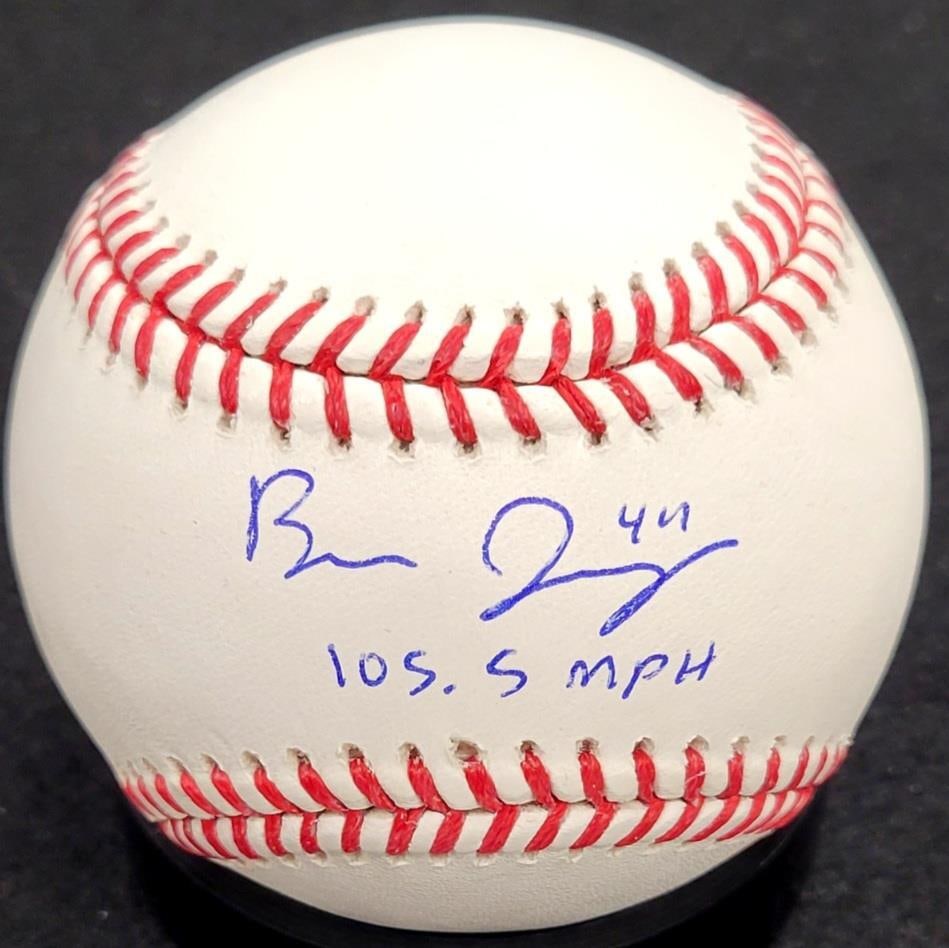 Ben Joyce Autographed MLB Baseball 105.5 MPH Angels Beckett Authenticated: Ben Joyce Autographed MLB Baseball 105.5 MPH Angels Beckett Authenticated This is an original MLB baseball signed by Ben Joyce, featuring the inscription "105.5 MPH" to highlight his impressive pitchi