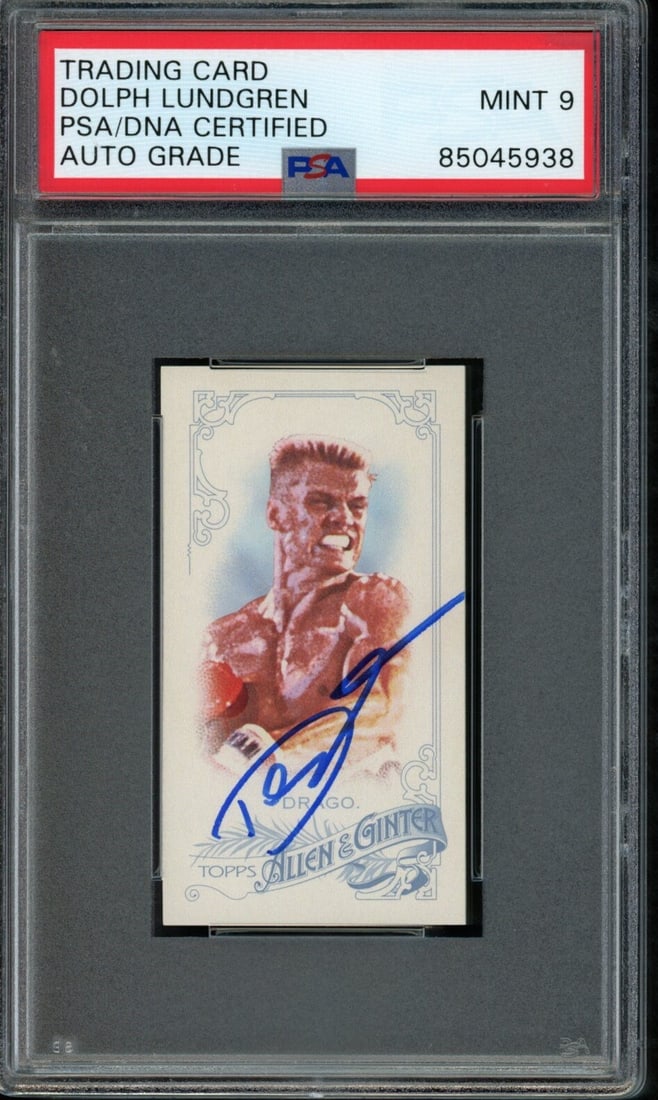 Dolph Lundgren Signed 2015 TOPPS Allen Ginter #229 PSA/DNA GEM MINT 10: Dolph Lundgren Signed 2015 TOPPS Allen Ginter #229 PSA/DNA GEM MINT 10 This item features a Dolph Lundgren autographed 2015 TOPPS Allen & Ginter #229 card, graded PSA/DNA GEM MINT 10. The card is an o