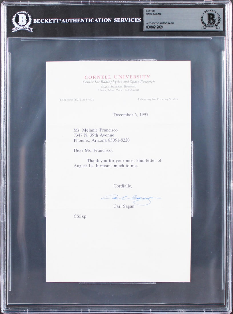 Carl Sagan Signed Letter 5.5x8.5 Dated 12/6/1995 Beckett Authenticated (1 of 2)