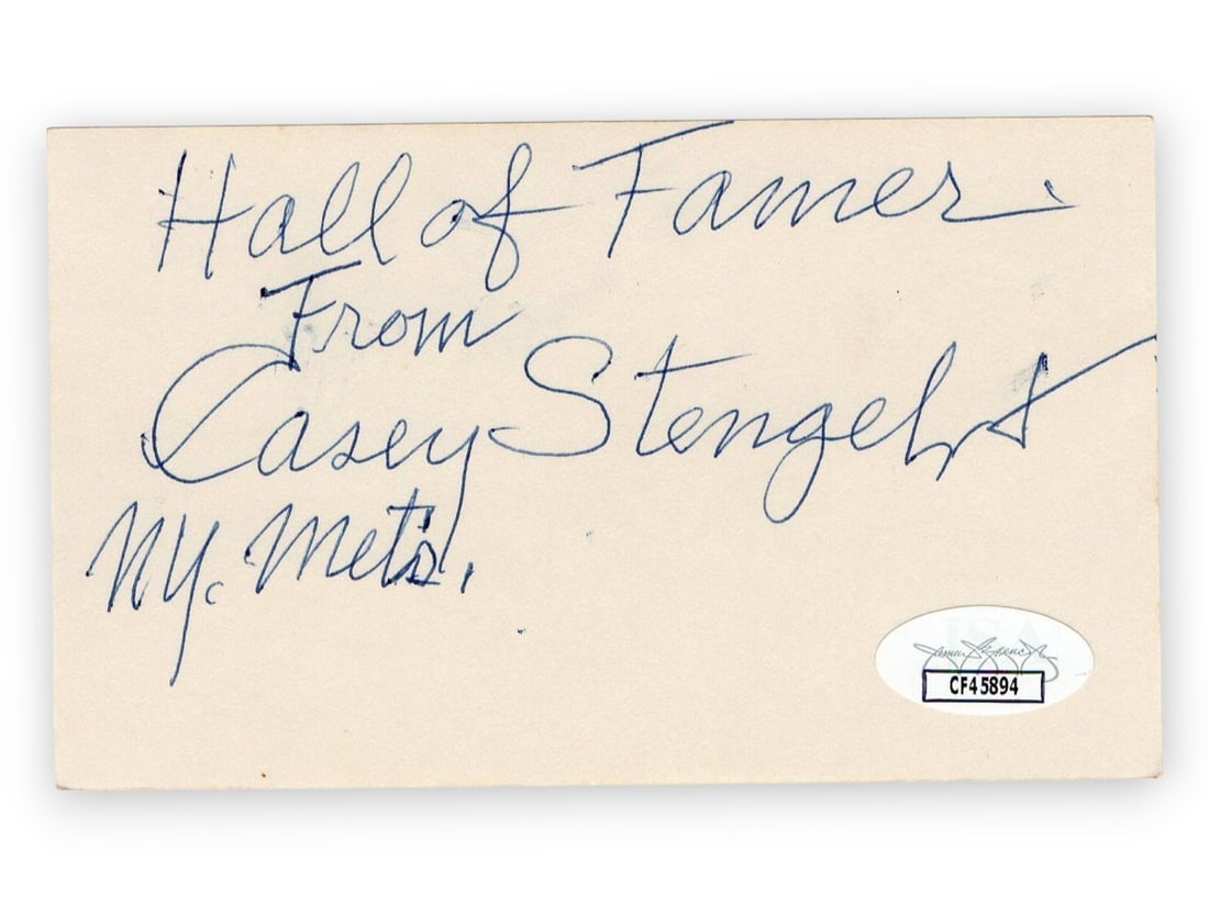 Casey Stengel Signed 3X5 Index Card Yankees Mets JSA Authenticated: Casey Stengel Signed 3X5 Index Card Yankees Mets JSA Authenticated This is an original autographed 3X5 index card signed by legendary baseball player Casey Stengel, known for his remarkable contributi