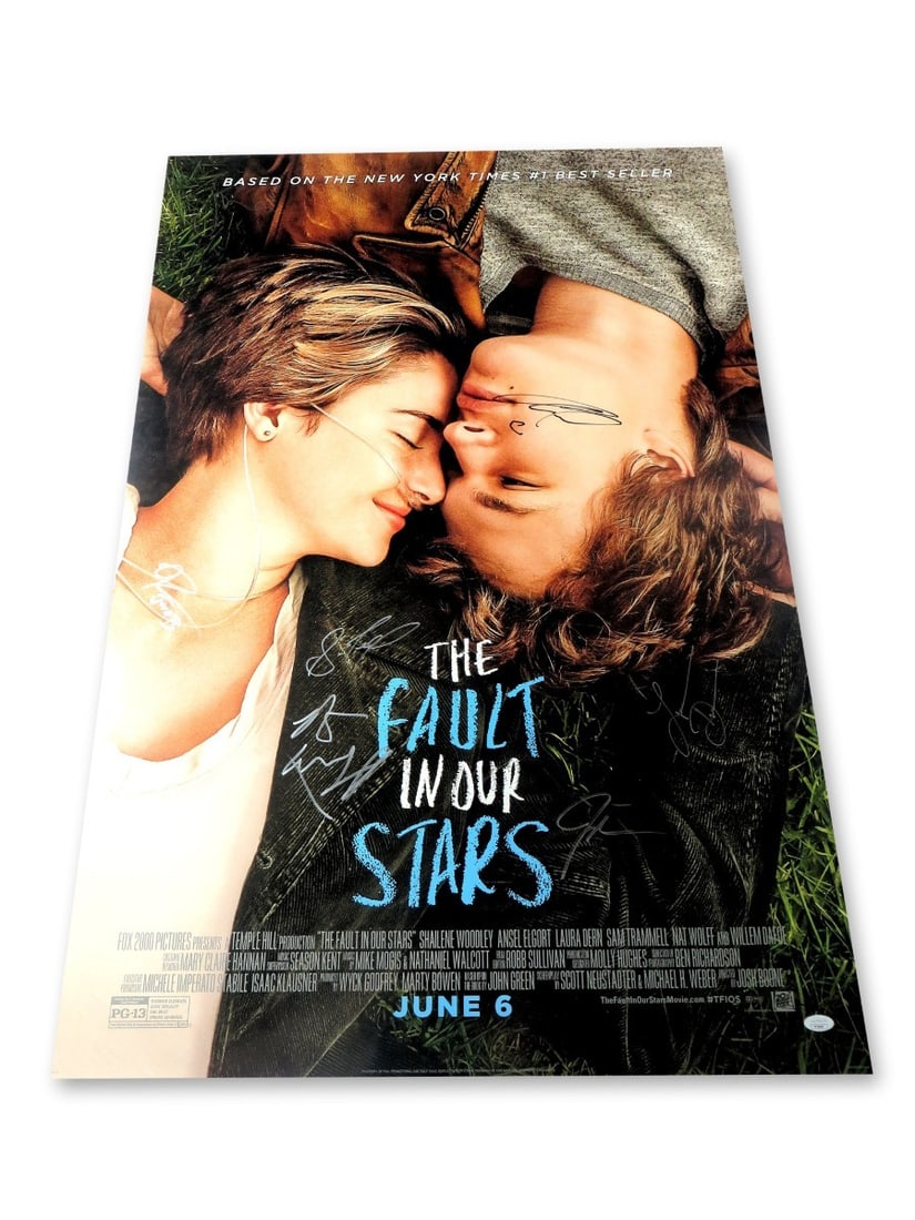 The Fault In Our Stars Autographed 27x40 Poster by Woodley Elgort Dern JSA: The Fault In Our Stars Autographed 27x40 Poster by Woodley Elgort Dern JSA This is an original autographed poster from the film 'The Fault In Our Stars', measuring 27x40 inches. It features the signat