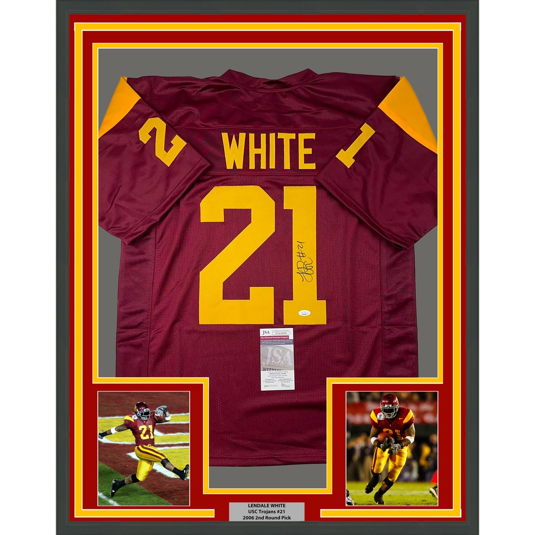 Framed Autographed LenDale White USC Maroon Jersey JSA COA: Framed Autographed LenDale White USC Maroon Jersey JSA COA Celebrate the legacy of LenDale White with this professionally framed and autographed USC Trojans maroon jersey. The item features the athlet