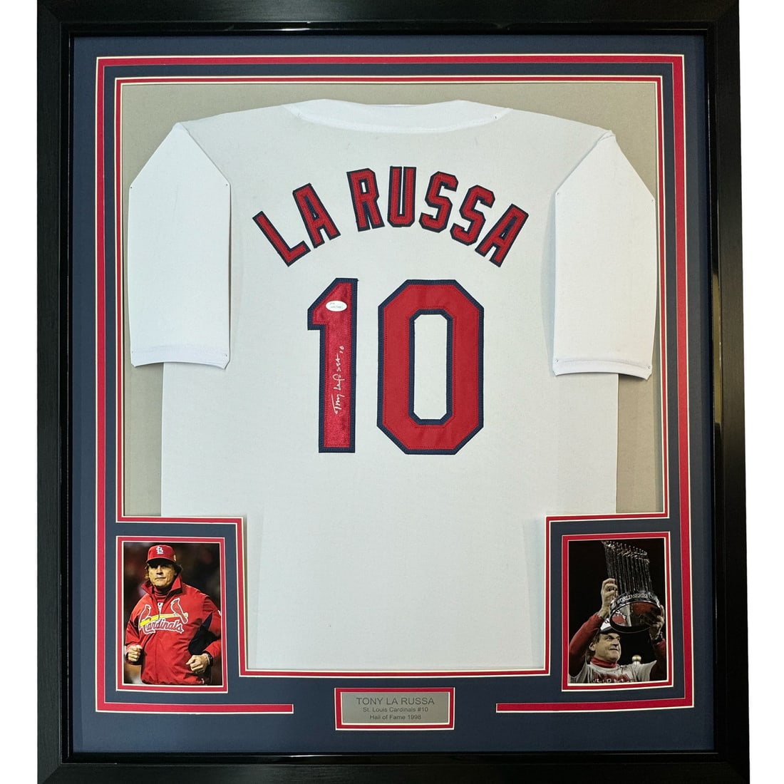 Framed Autographed Tony La Russa Jersey 33x42 St. Louis Cardinals JSA COA: Framed Autographed Tony La Russa Jersey 33x42 St. Louis Cardinals JSA COA Celebrate the legacy of Tony La Russa with this stunning framed and autographed St. Louis Cardinals white jersey. Authenticate