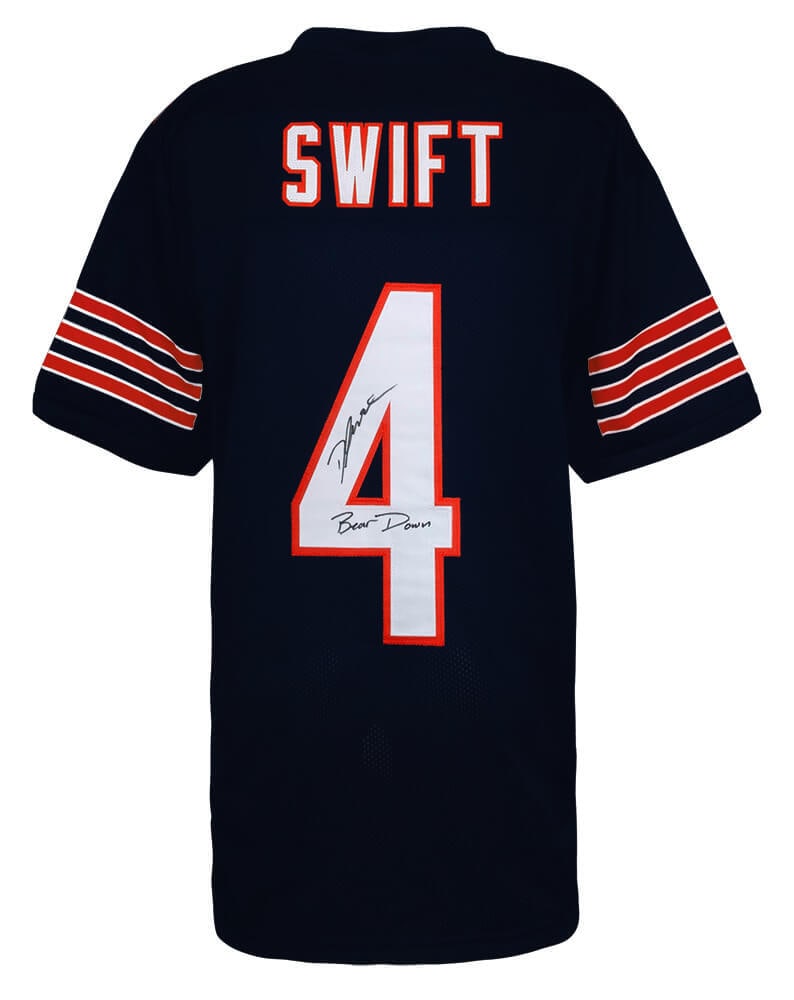 D'Andre Swift Signed Navy Bears Jersey with Bear Down Inscription: D'Andre Swift Signed Navy Bears Jersey with Bear Down Inscription This is a D'Andre Swift signed navy custom football jersey, featuring the inscription 'Bear Down.' The jersey is an original piece ass