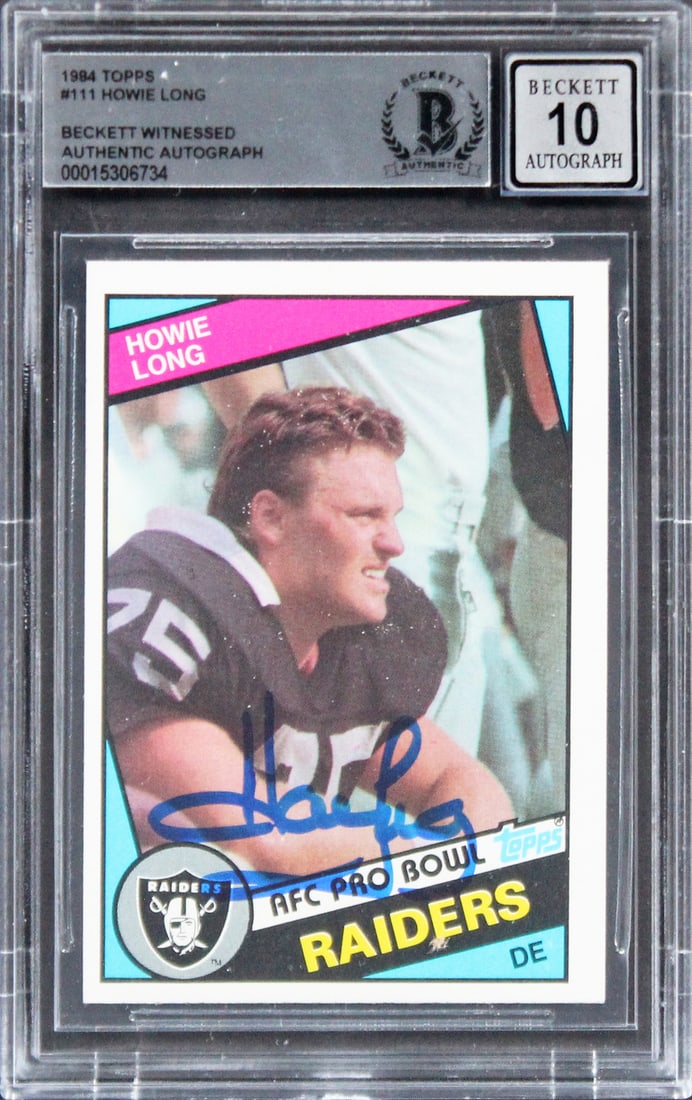 Howie Long Signed 1984 Topps #111 Rookie Card Gem Mint 10 BAS Slabbed Raiders: Howie Long Signed 1984 Topps #111 Rookie Card Gem Mint 10 BAS Slabbed Raiders This is a Gem Mint 10 graded 1984 Topps #111 rookie card personally signed by Howie Long, renowned defensive end for the L