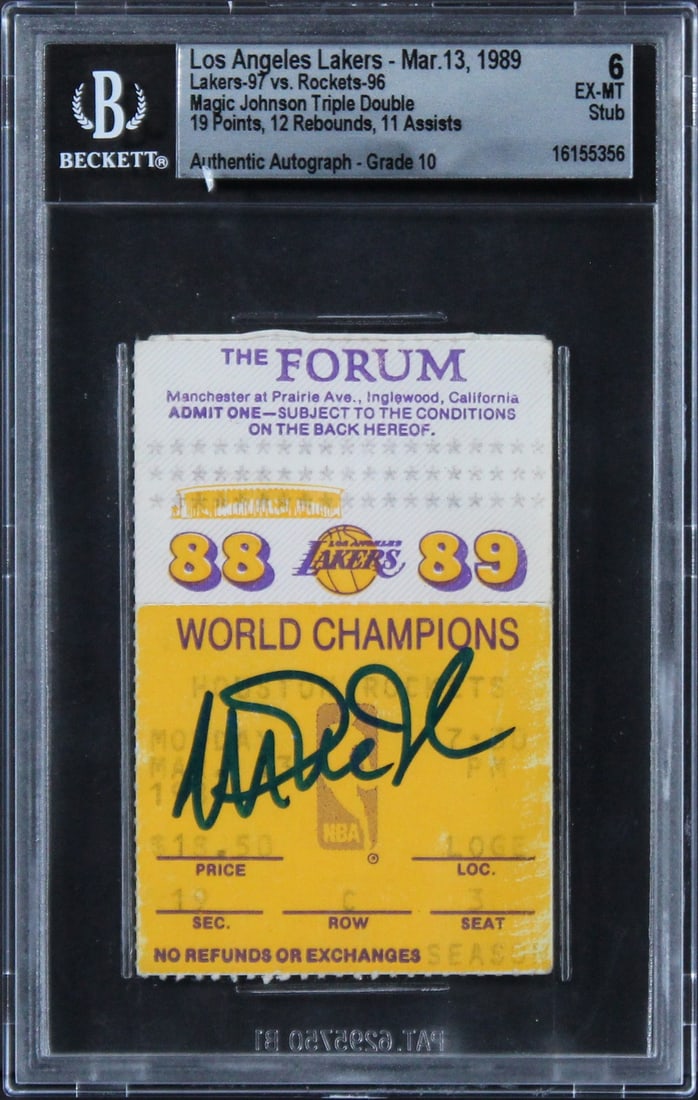 Magic Johnson Signed 1989 Lakers vs Rockets Ticket EX-MT 6 Auto 10 Beckett Slabbed: Magic Johnson Signed 1989 Lakers vs Rockets Ticket EX-MT 6 Auto 10 Beckett Slabbed This is a remarkable collectible ticket stub from the iconic March 13, 1989 game between the Los Angeles Lakers and t