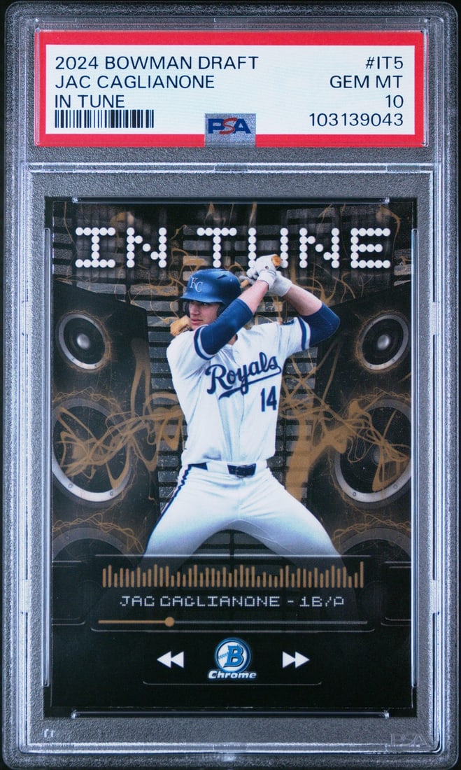 2024 Topps Bowman Draft Jac Caglianone #IT5 PSA 10 Graded Baseball Card: 2024 Topps Bowman Draft Jac Caglianone #IT5 PSA 10 Graded Baseball Card This graded 2024 Topps Bowman Draft Jac Caglianone #IT5 In Tune baseball card is a must-have for any collector. Authenticated an