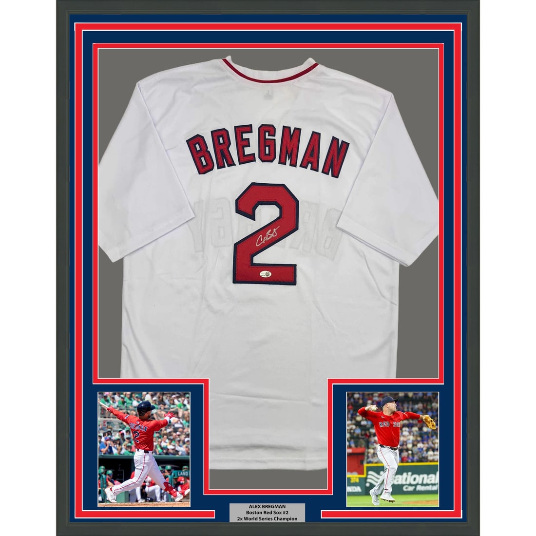 Alex Bregman Signed Boston Jersey Framed Display with JSA COA 35x39: Alex Bregman Signed Boston Jersey Framed Display with JSA COA 35x39 This framed display features an autographed Alex Bregman Boston Red Sox white jersey, professionally framed and matted alongside two