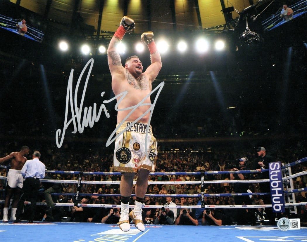 Andy Ruiz Jr Signed 11x14 Photo Win Celebration Beckett Authenticated: Andy Ruiz Jr Signed 11x14 Photo Win Celebration Beckett Authenticated Celebrate the victory of boxing champion Andy Ruiz Jr. with this stunning autographed 11X14 photo capturing his exhilarating win c