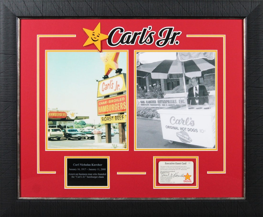 Carl Karcher Signed Framed Guest Card Carl's Jr. BAS COA 21.5 x 26 (1 of 7)