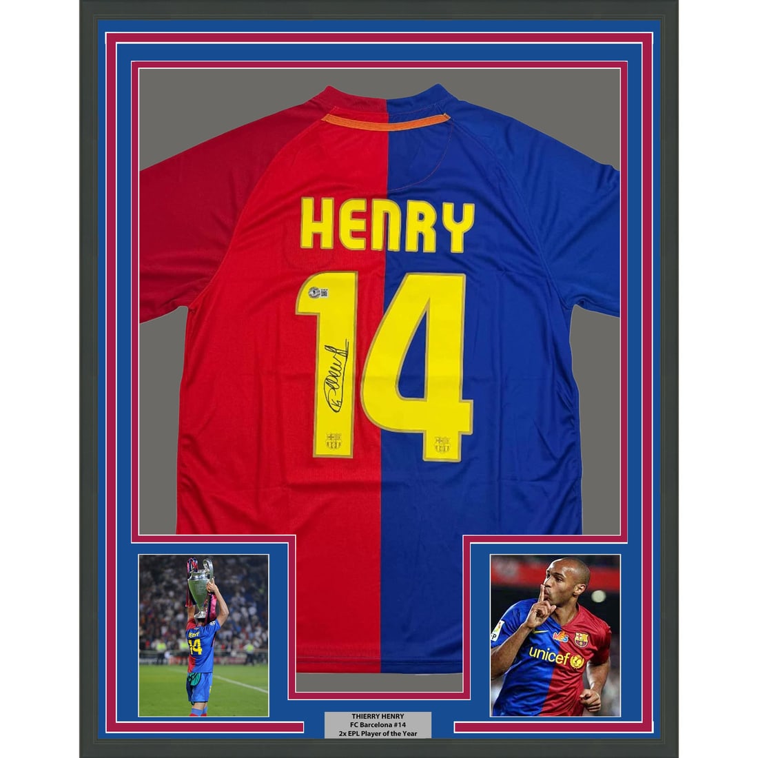 Framed Thierry Henry Autographed FC Barcelona Jersey with BAS COA: Framed Thierry Henry Autographed FC Barcelona Jersey with BAS COA Celebrate the legacy of Thierry Henry with this professionally framed and autographed 35x39 inch FC Barcelona blue jersey. This unique