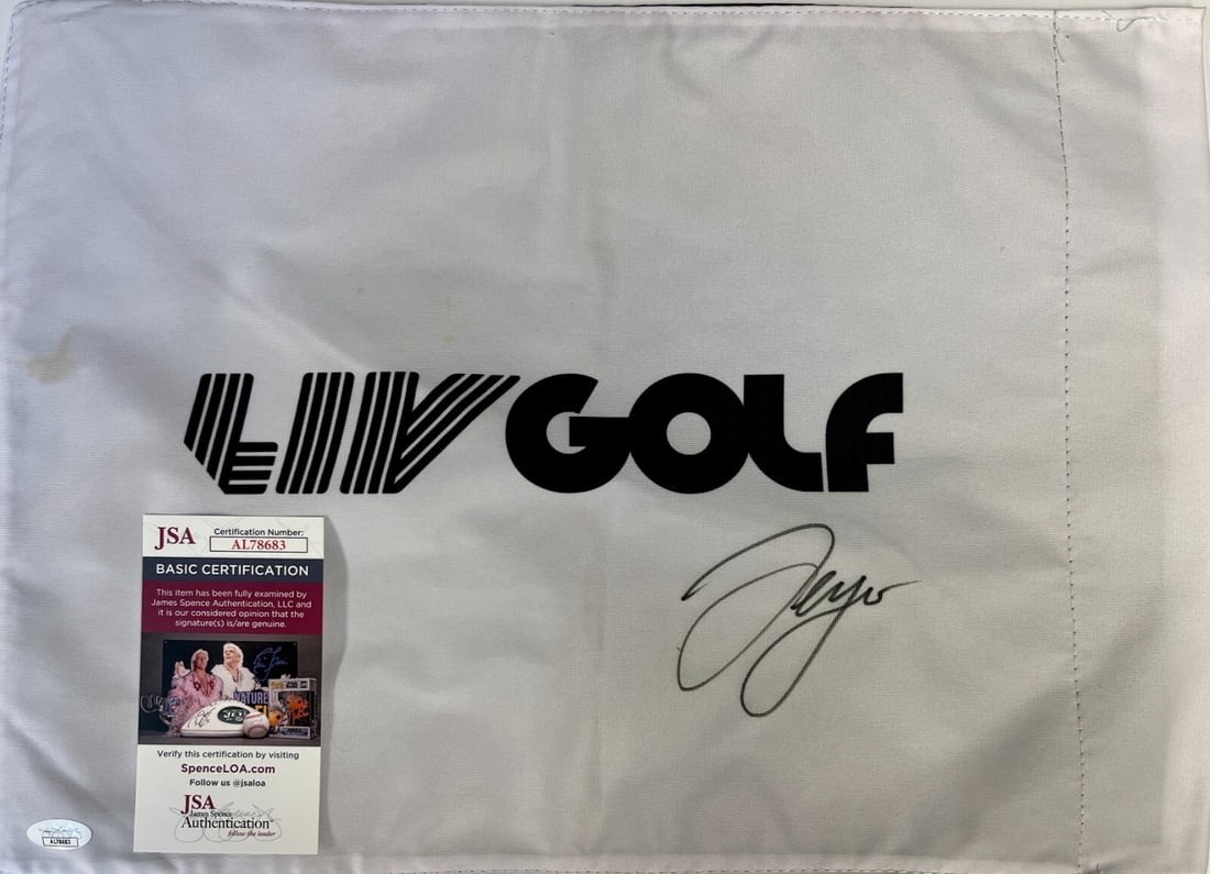 Sergio Garcia Signed LIV Golf #18 Pin Flag with JSA Authentication: Sergio Garcia Signed LIV Golf #18 Pin Flag with JSA Authentication Elevate your golf memorabilia collection with this officially licensed LIV Golf #18 Pin Flag, signed by the legendary Sergio Garcia.