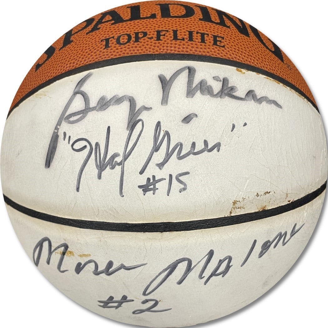 George Mikan Moses Malone Signed Basketball JSA Authenticated Legends: George Mikan Moses Malone Signed Basketball JSA Authenticated Legends This unique autographed basketball features the signatures of legendary players George Mikan, Moses Malone, Hal Greer, Dave DeBuss