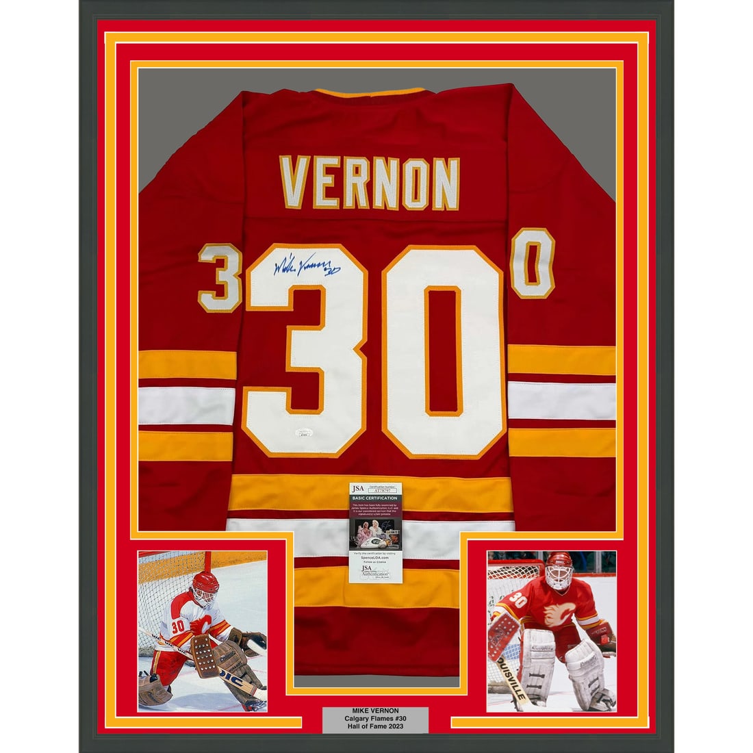 Framed Autographed Mike Vernon Calgary Flames Jersey JSA COA 35x39: Framed Autographed Mike Vernon Calgary Flames Jersey JSA COA 35x39 This professionally framed and matted piece features an autographed Calgary Flames hockey jersey signed by legendary goaltender Mike
