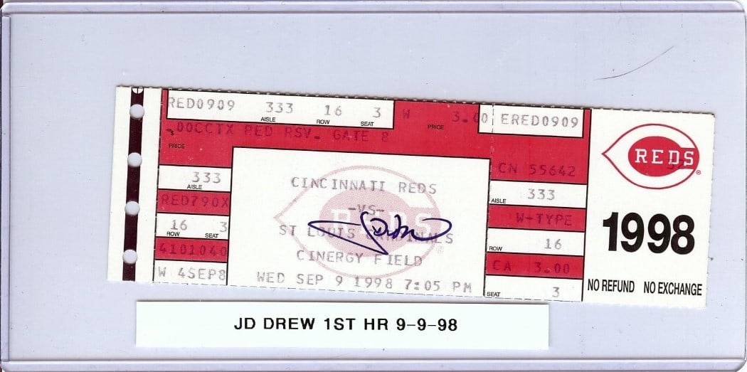 JD Drew Signed Ticket Stub Cardinals First MLB HR 9-9-98 JSA Authenticated: JD Drew Signed Ticket Stub Cardinals First MLB HR 9-9-98 JSA Authenticated Celebrate a memorable moment in baseball history with this original ticket stub from JD Drew's first Major League Baseball ho