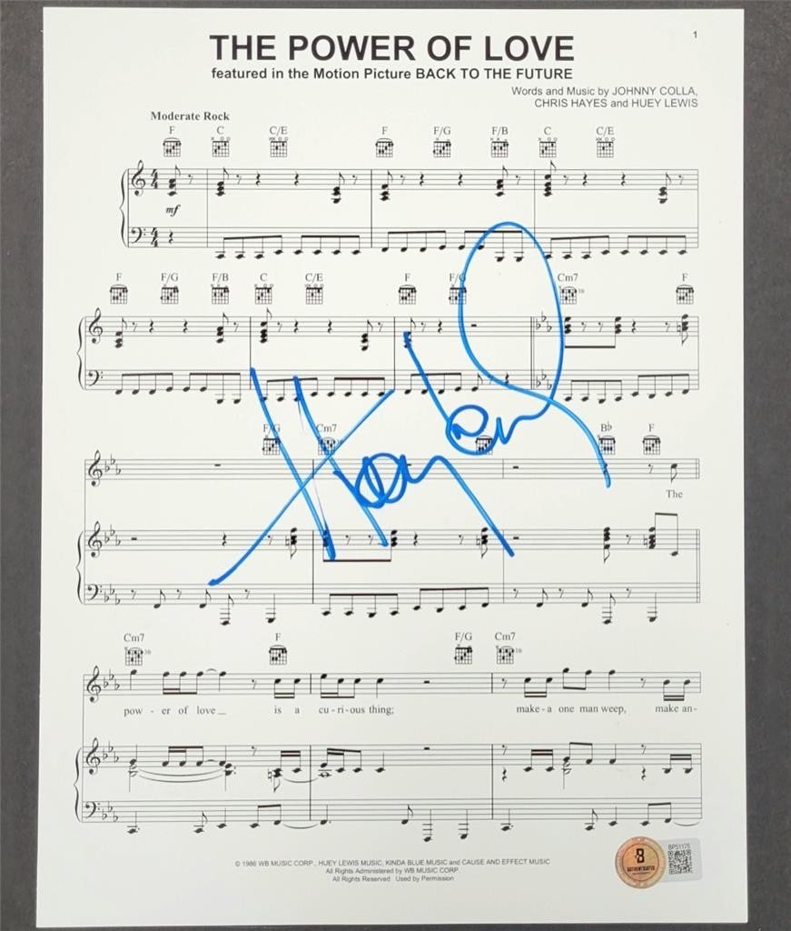 Huey Lewis Signed Power of Love Music Sheet Beckett Authenticated (1 of 3)