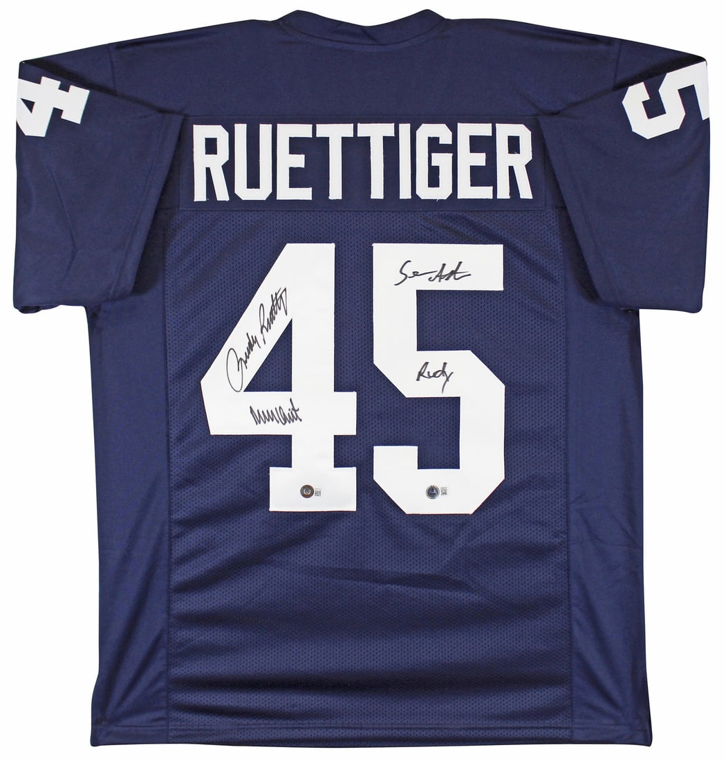 Notre Dame Rudy Ruettiger Sean Astin Signed Navy Jersey BAS Witnessed: Notre Dame Rudy Ruettiger Sean Astin Signed Navy Jersey BAS Witnessed Celebrate your love for football and the iconic Notre Dame Fighting Irish with this unique autographed Navy Pro Style Jersey. Pers