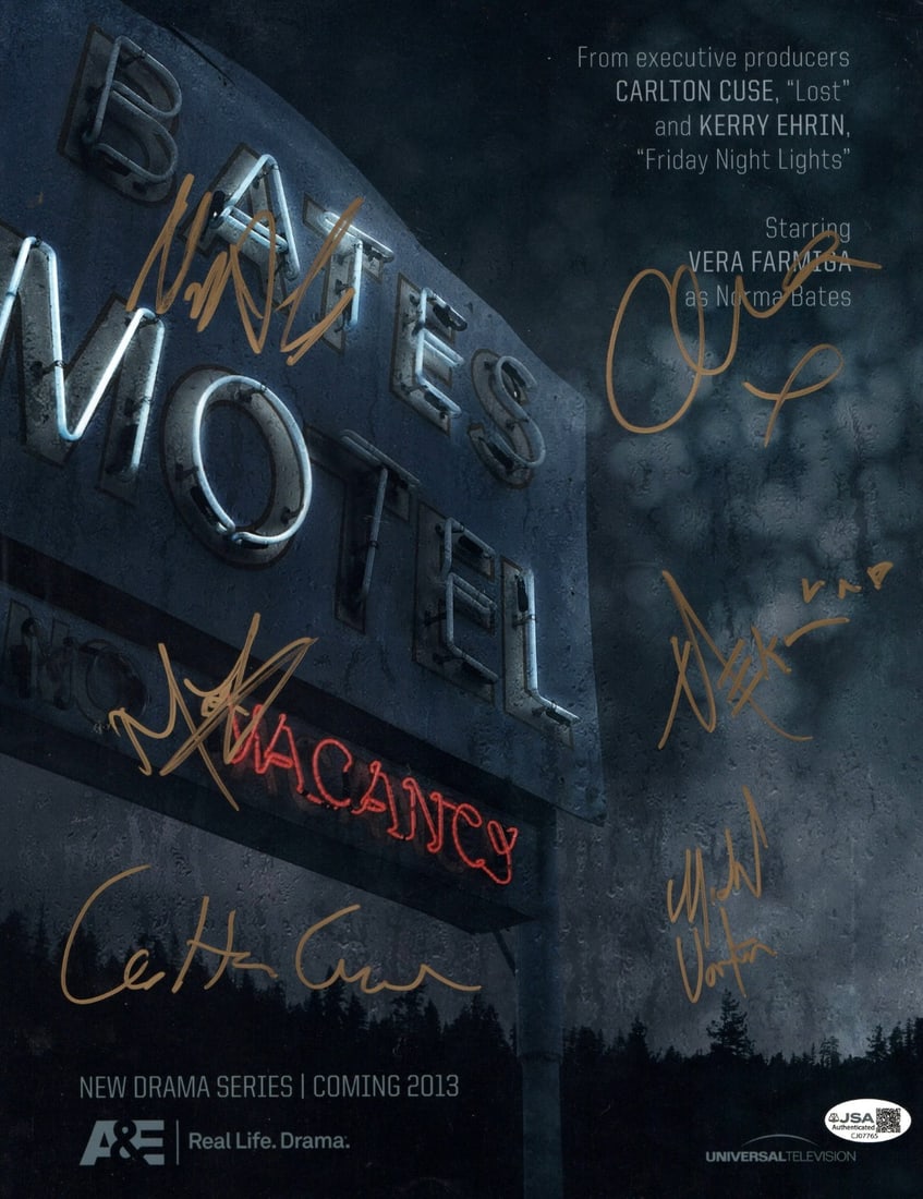 Bates Motel Autographed 11X14 Photo with JSA Certification: Bates Motel Autographed 11X14 Photo with JSA Certification This stunning 11x14 photograph from the hit series Bates Motel features multiple autographs from key cast members, including Olivia Cooke, Ma