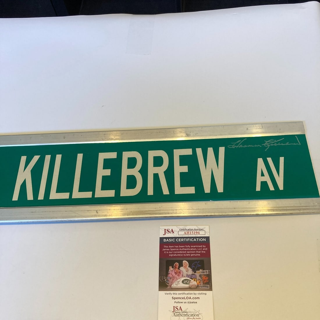 Harmon Killebrew Signed Double-Sided 6x30 Street Sign with JSA COA: Harmon Killebrew Signed Double-Sided 6x30 Street Sign with JSA COA This is an original, signed 6x30 large street sign honoring baseball legend Harmon Killebrew. The sign features double-sided printing