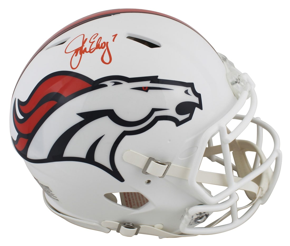 John Elway Signed Broncos Full Size Speed Proline Helmet BAS Authenticated: John Elway Signed Broncos Full Size Speed Proline Helmet BAS Authenticated This autographed alternate flat white Riddell authentic full-size Speed Proline helmet has been personally signed by John Elw