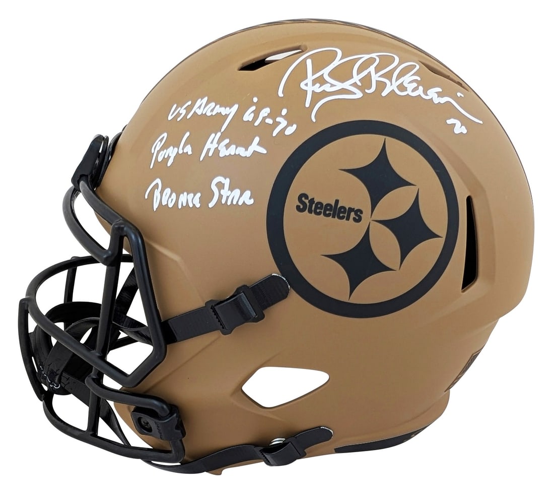 Rocky Bleier Signed Steelers Salute to Service II Helmet BAS Witnessed: Rocky Bleier Signed Steelers Salute to Service II Helmet BAS Witnessed This authentic Pittsburgh Steelers full-size speed replica helmet is personally signed by Rocky Bleier, a celebrated player who s