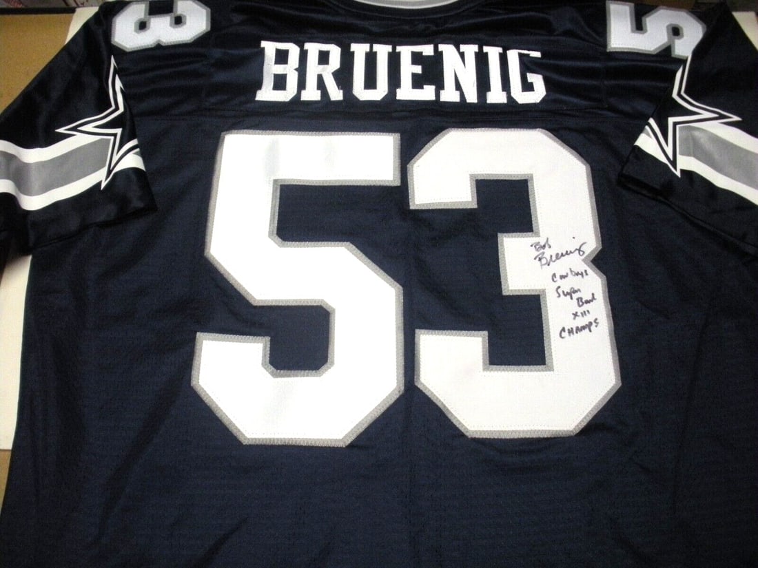 Bob Bruenig Signed Dallas Cowboys Proline Jersey with COA: Bob Bruenig Signed Dallas Cowboys Proline Jersey with COA This officially licensed ProLine jersey is a must-have for any Dallas Cowboys fan. It features the signature of Bob Bruenig, a renowned lineba