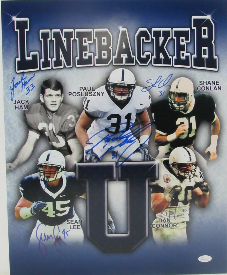 Penn State Multi Signed 16x20 Photo JSA Authenticated Legends: Penn State Multi Signed 16x20 Photo JSA Authenticated Legends Celebrate the legacy of Penn State football with this remarkable multi-signed 16x20 photo featuring five legendary linebackers from Lineba