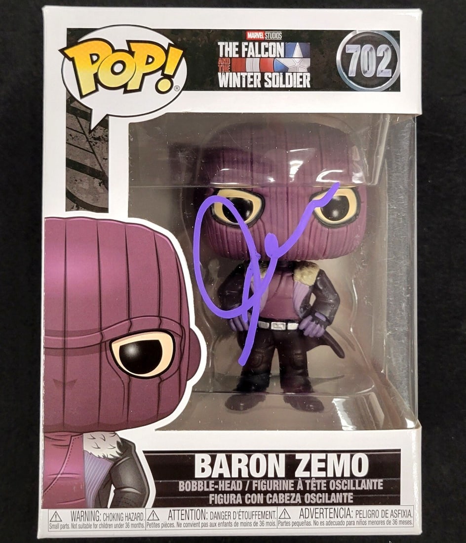 Daniel Bruhl Signed Baron Zemo Funko Pop Marvel Beckett Authenticated: Daniel Bruhl Signed Baron Zemo Funko Pop Marvel Beckett Authenticated This original Funko Pop! figure features the character Baron Zemo from Marvel's Falcon and the Winter Soldier, signed by actor Dan