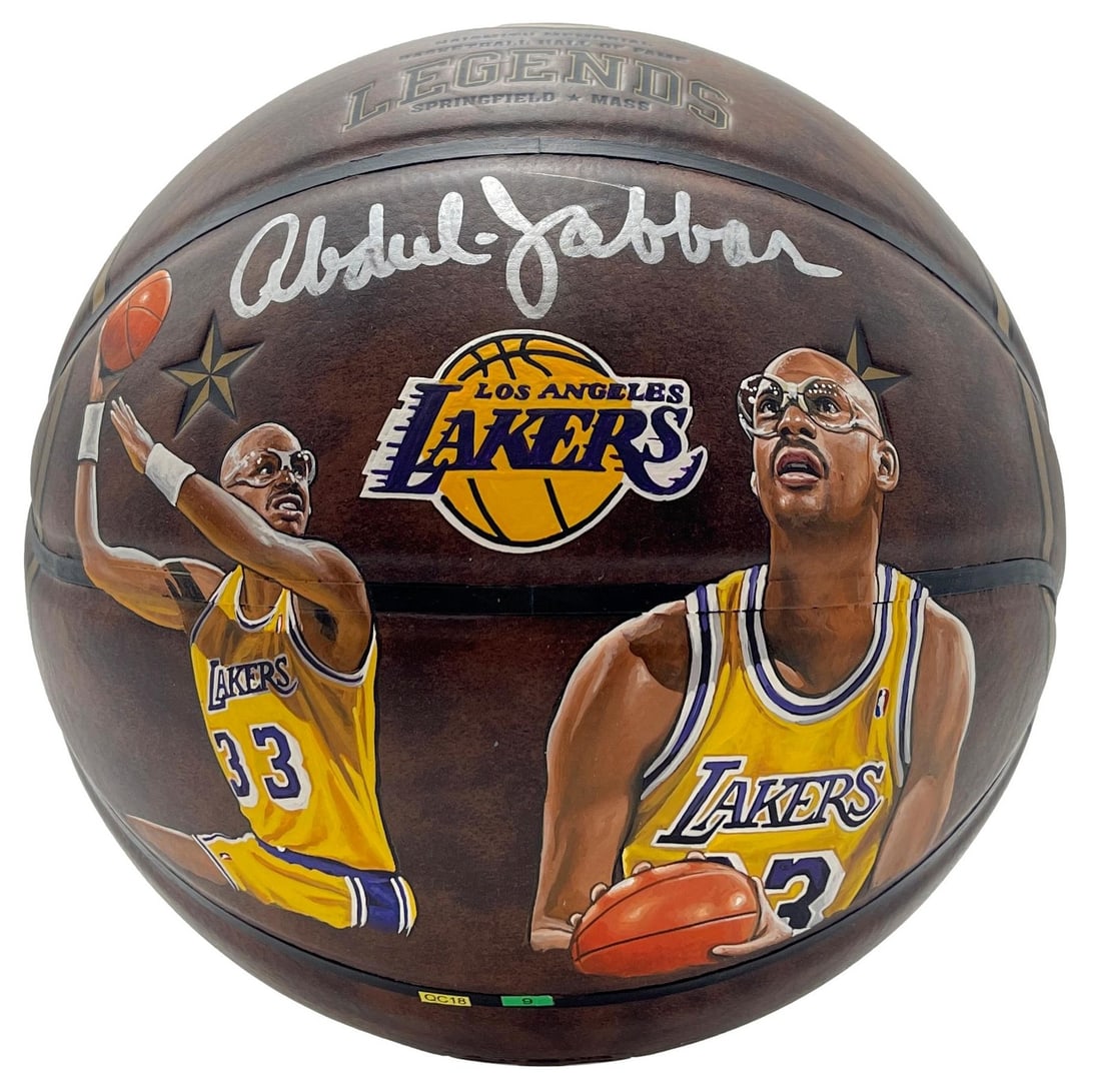 Kareem Abdul-Jabbar Signed Hand Painted Lakers Basketball JSA Authenticated: Kareem Abdul-Jabbar Signed Hand Painted Lakers Basketball JSA Authenticated Offered is an original, hand-painted full-size basketball signed by Kareem Abdul-Jabbar, a Hall of Fame player for the Los A