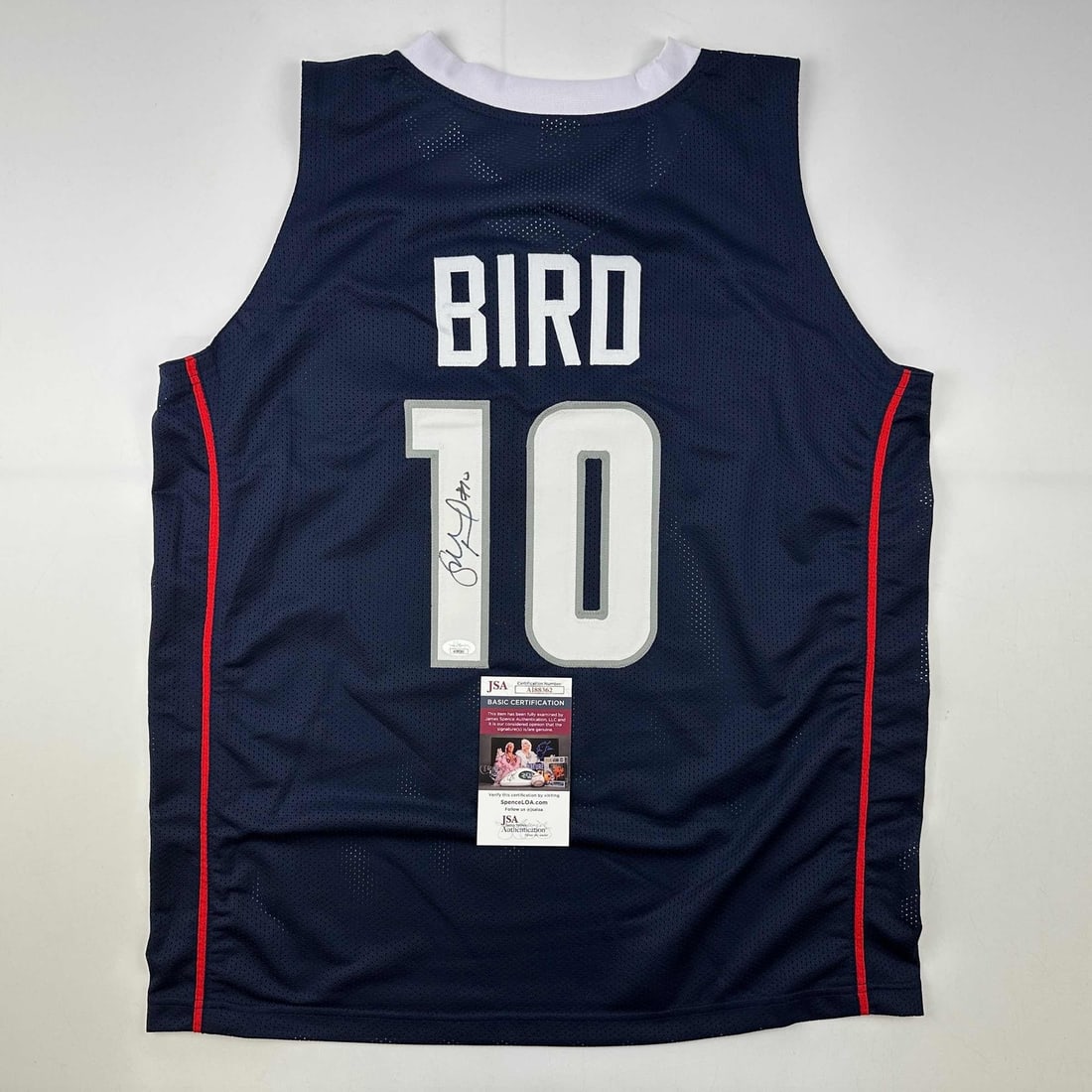 Sue Bird Autographed UConn Blue College Jersey JSA COA: Sue Bird Autographed UConn Blue College Jersey JSA COA This autographed Sue Bird UConn Connecticut Blue College Jersey is a unique collectible for any fan. It showcases the name and number of the lege