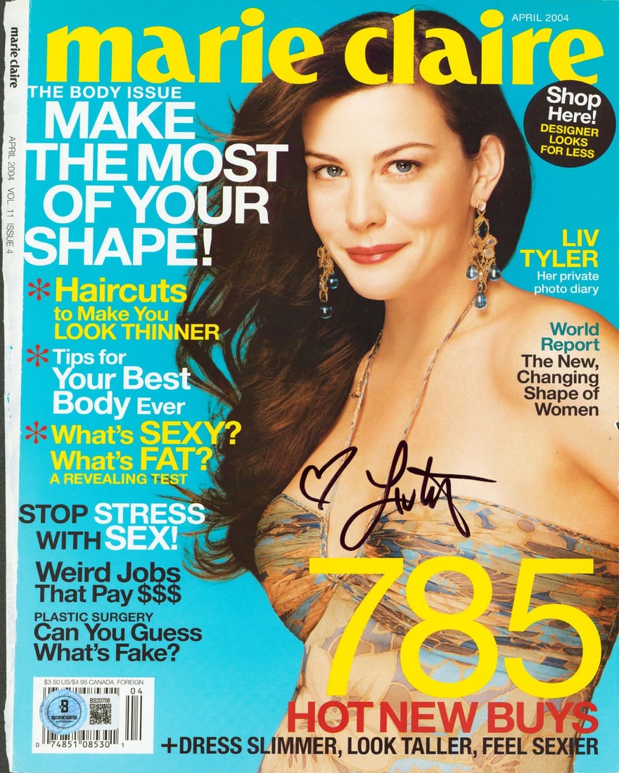 Liv Tyler Signed April 2004 Marie Claire Cover Beckett Authenticated: Liv Tyler Signed April 2004 Marie Claire Cover Beckett Authenticated This authentic April 2004 Marie Claire magazine cover features a signature from Liv Tyler, personally signed for collectors. The it