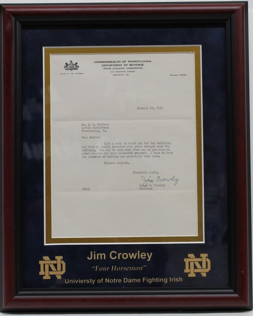 Jim Crowley Autographed TLS Letter Notre Dame Fighting Irish JSA Authenticated: Jim Crowley Autographed TLS Letter Notre Dame Fighting Irish JSA Authenticated This is an authentic signed TLS letter from Jim Crowley, a member of the legendary Four Horsemen of Notre Dame. The lette