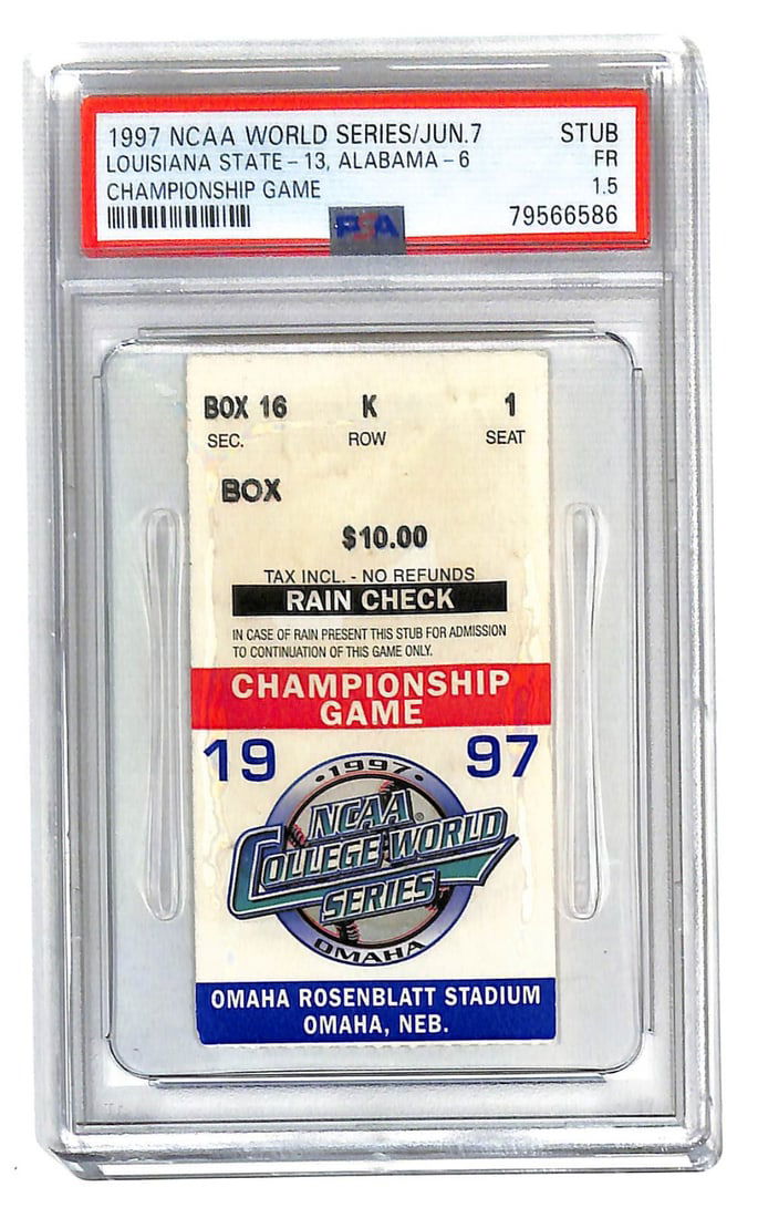 1997 College World Series Ticket LSU vs Alabama PSA Graded 1.5: 1997 College World Series Ticket LSU vs Alabama PSA Graded 1.5 This is an original ticket from the 1997 College World Series Championship Game held on June 7, 1997, where LSU clinched victory over Ala