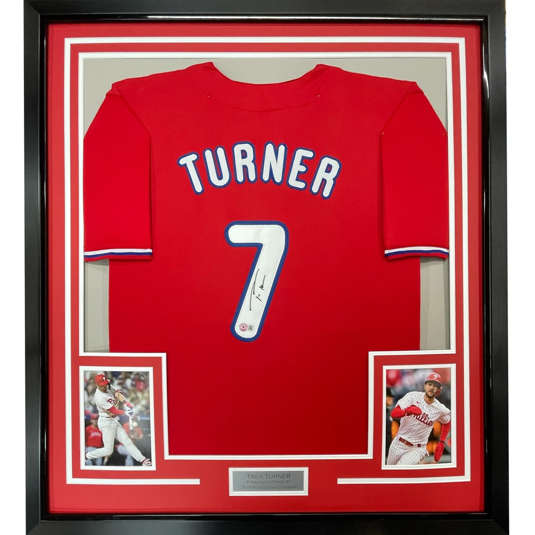 Framed Trea Turner Autographed Jersey with BAS COA Philadelphia Phillies: Framed Trea Turner Autographed Jersey with BAS COA Philadelphia Phillies This professionally framed autographed jersey features Trea Turner of the Philadelphia Phillies, showcasing his signature for t